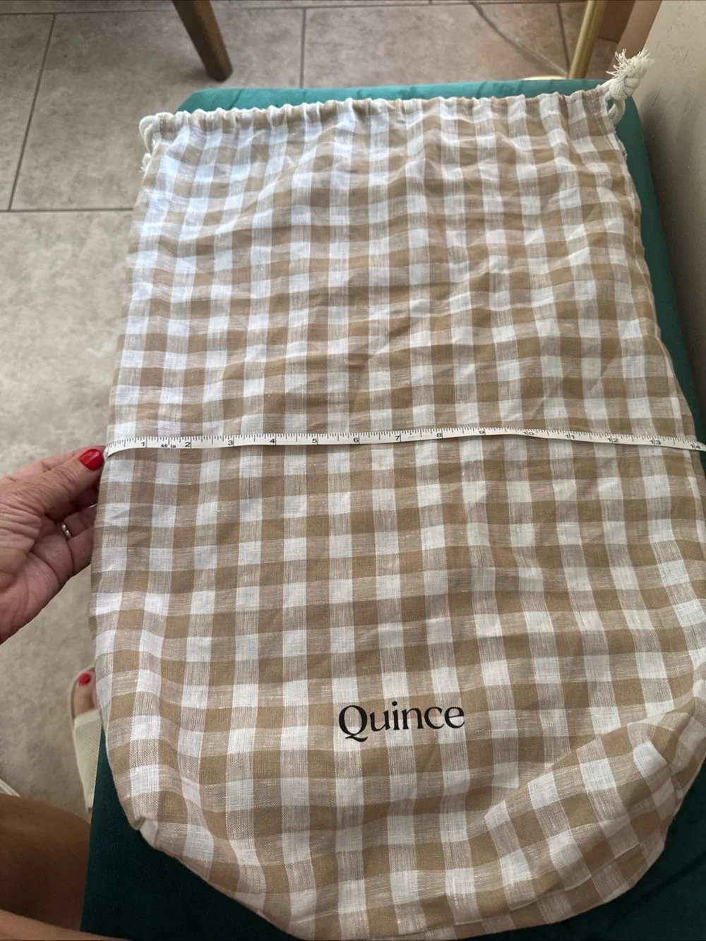 Quince Beige Gingham Linen Drawstring Sheets Purse  Bag King